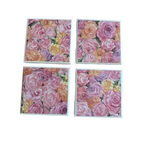 Set Of 4 Rose Floral Pink Ceramic Coasters With Cork Backing Home Bar Coffee